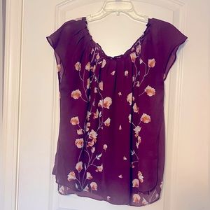 Lauren Conrad Flowy Dress Shirt / Size XL / Burgundy - Wine Color with Flowers